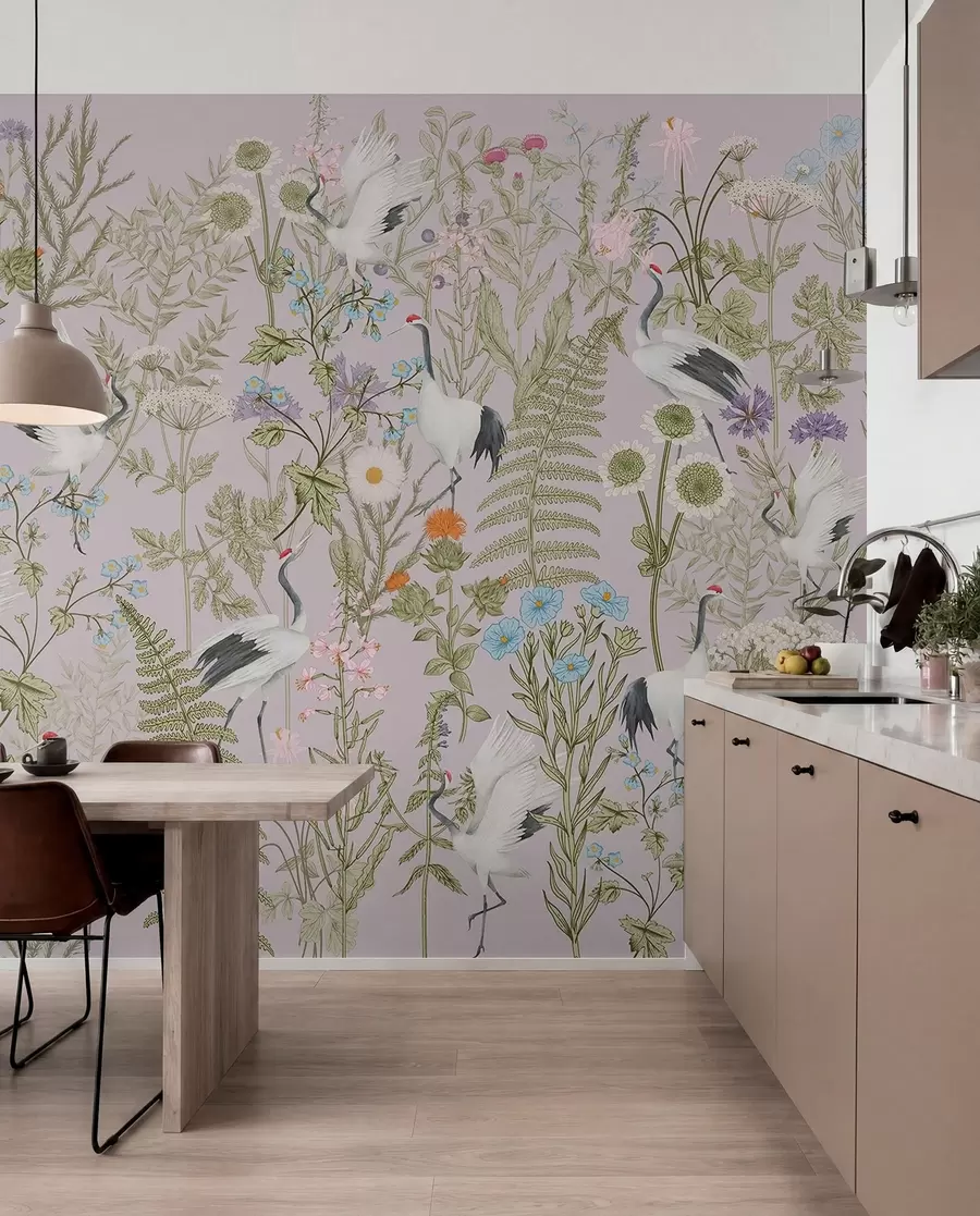 Fotobehang Elegante kraanvogels te midden van levendige bloemen w00380v3