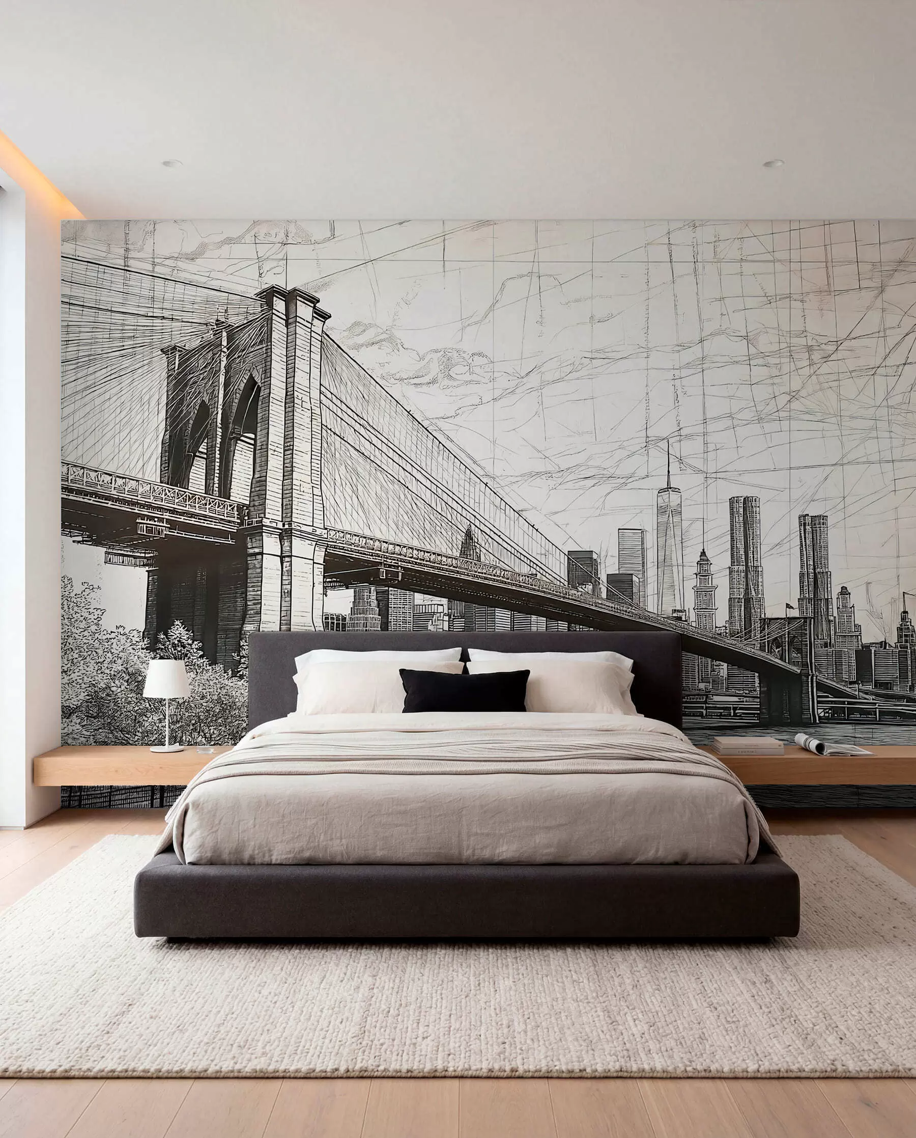 Fotobehang Panorama van de Brooklyn Bridge gemaakt in een schetsmatige retrotechniek met lijnen en krassen w01961