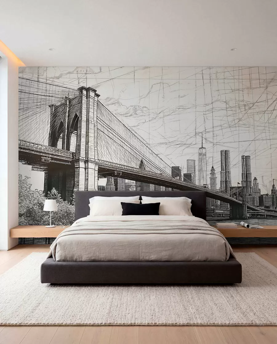 Fotobehang Panorama van de Brooklyn Bridge gemaakt in een schetsmatige retrotechniek met lijnen en krassen w01961