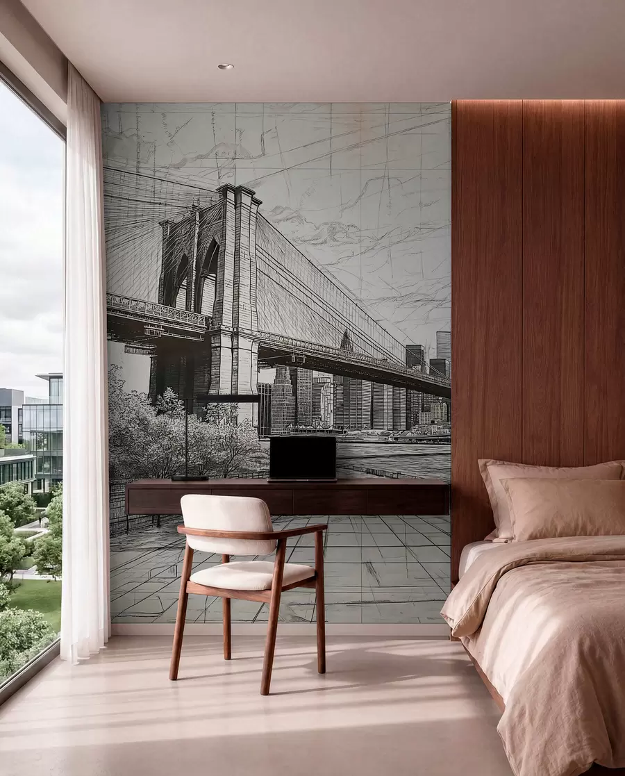 Fotobehang Panorama van de Brooklyn Bridge gemaakt in een schetsmatige retrotechniek met lijnen en krassen w01961