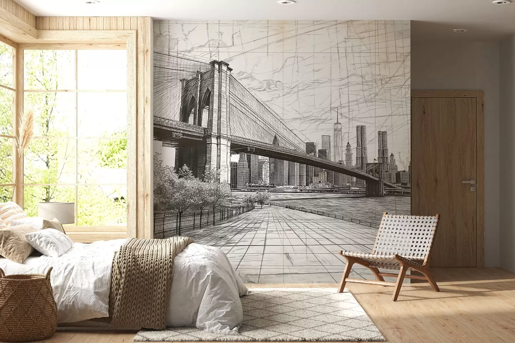 Fotobehang Panorama van de Brooklyn Bridge gemaakt in een schetsmatige retrotechniek met lijnen en krassen w01961