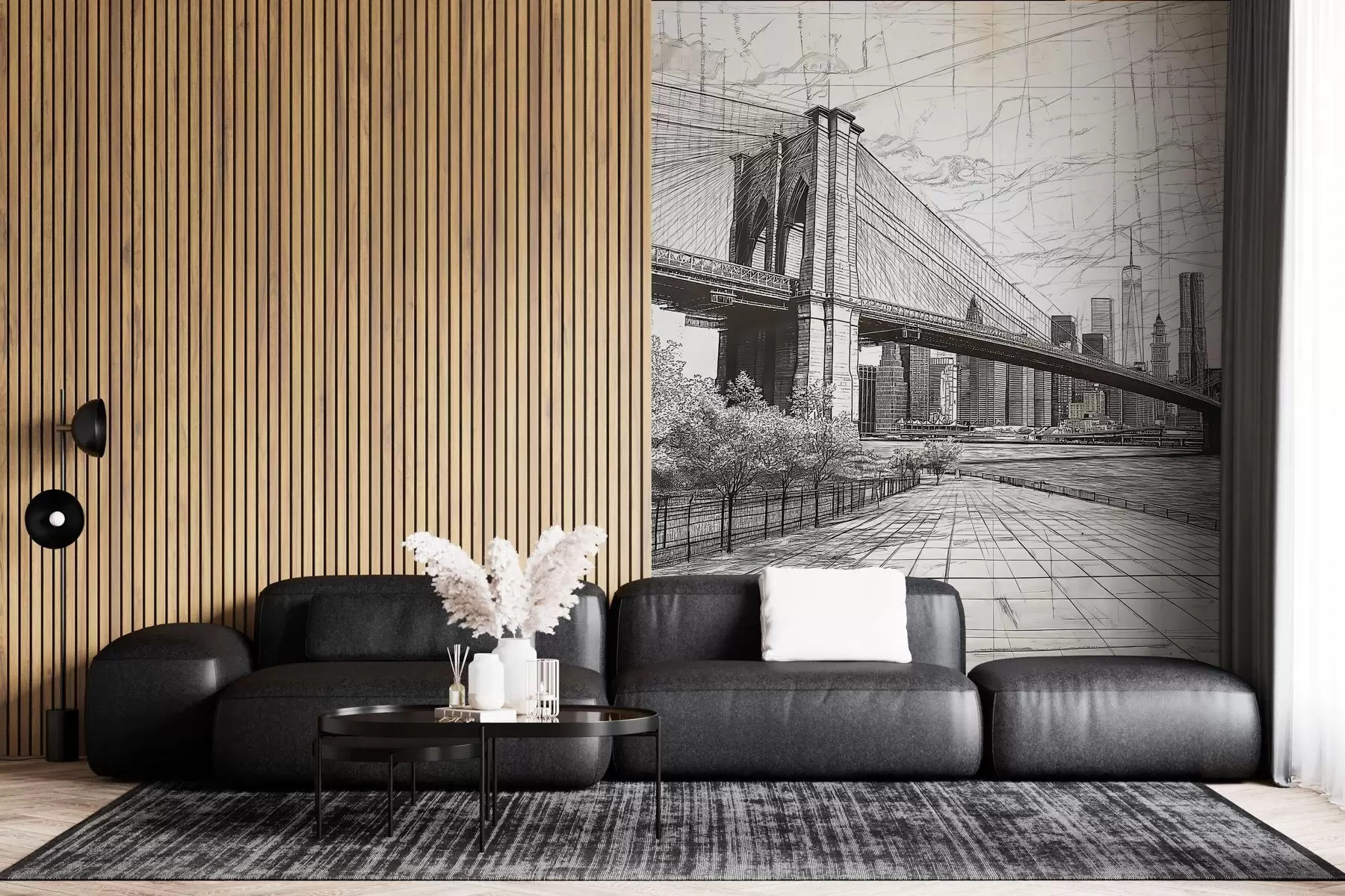 Fotobehang Panorama van de Brooklyn Bridge gemaakt in een schetsmatige retrotechniek met lijnen en krassen w01961