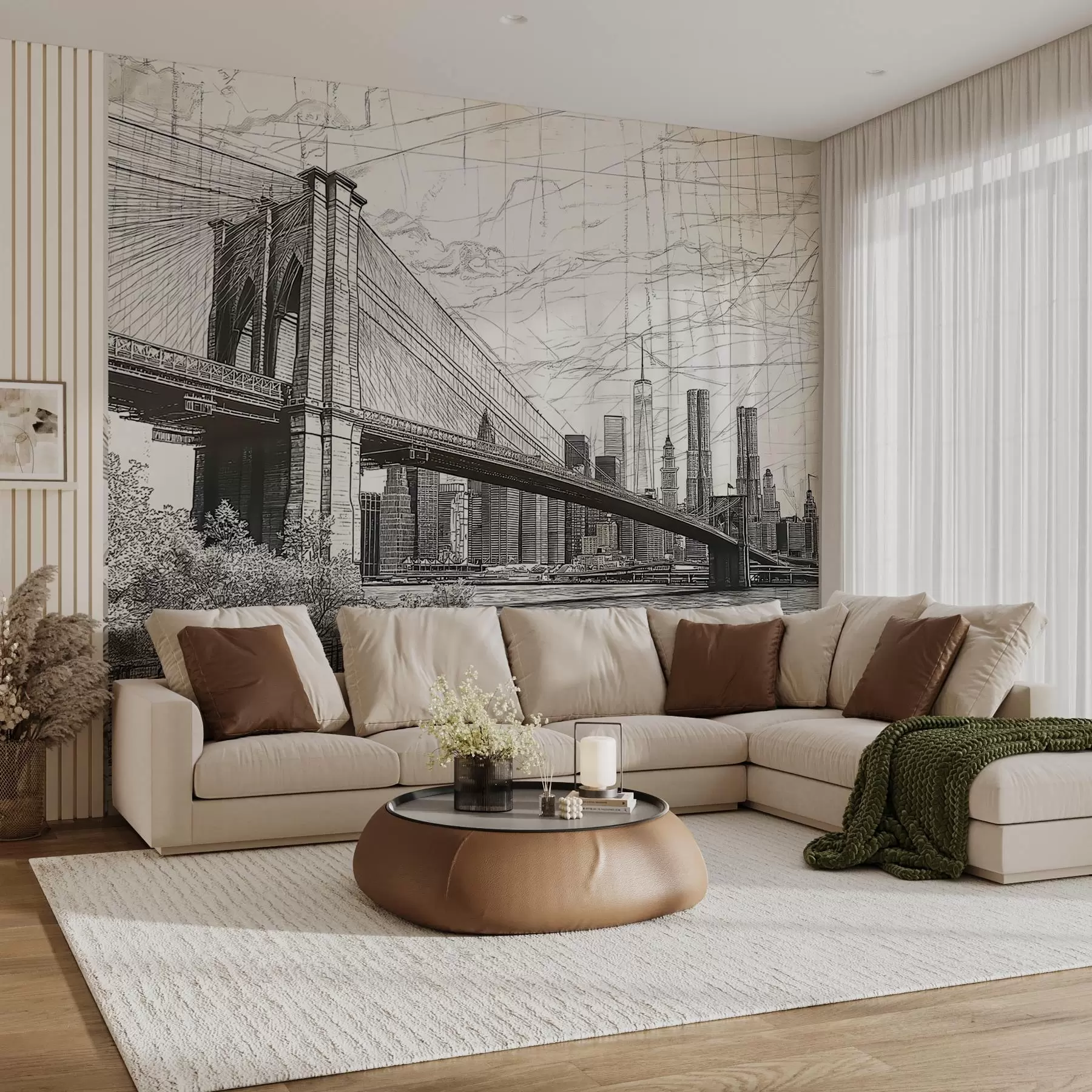 Fotobehang Panorama van de Brooklyn Bridge gemaakt in een schetsmatige retrotechniek met lijnen en krassen w01961