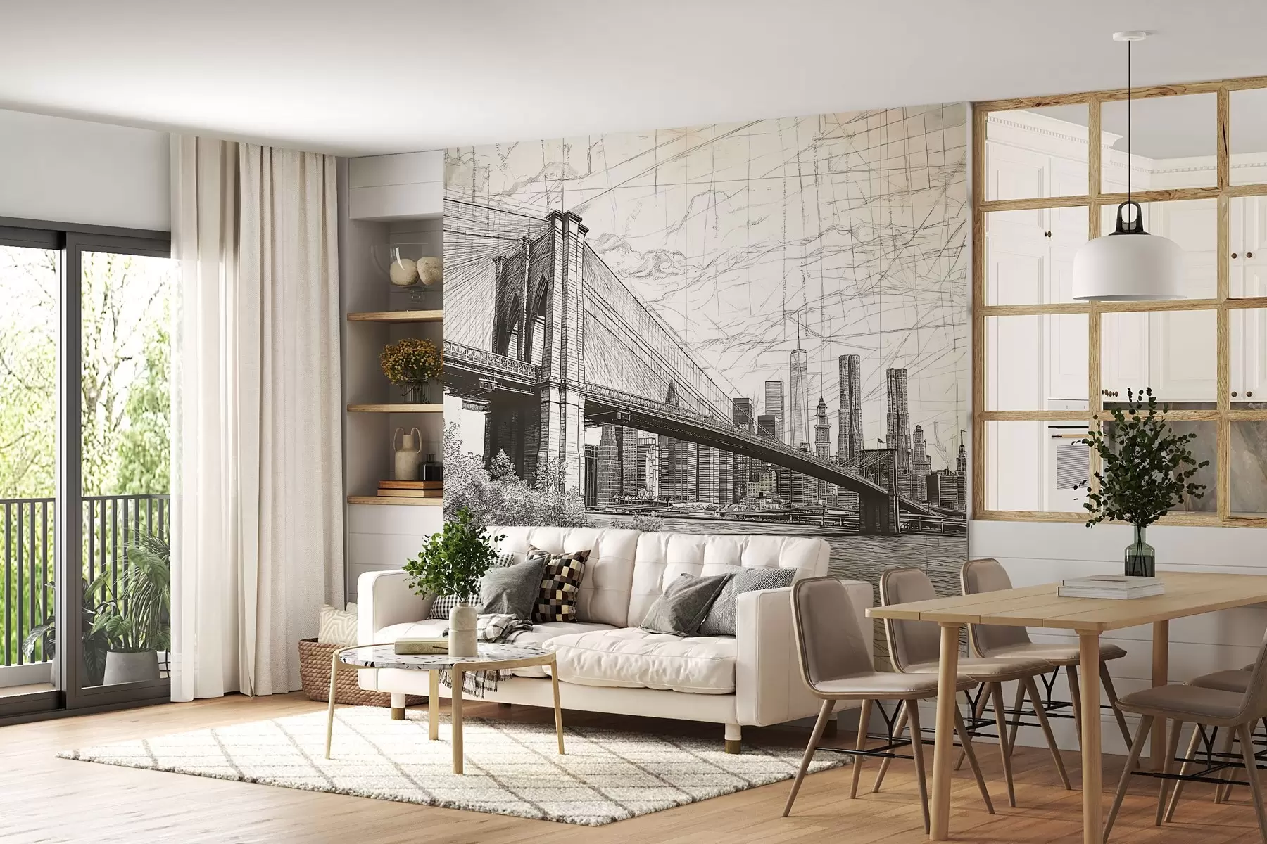 Fotobehang Panorama van de Brooklyn Bridge gemaakt in een schetsmatige retrotechniek met lijnen en krassen w01961