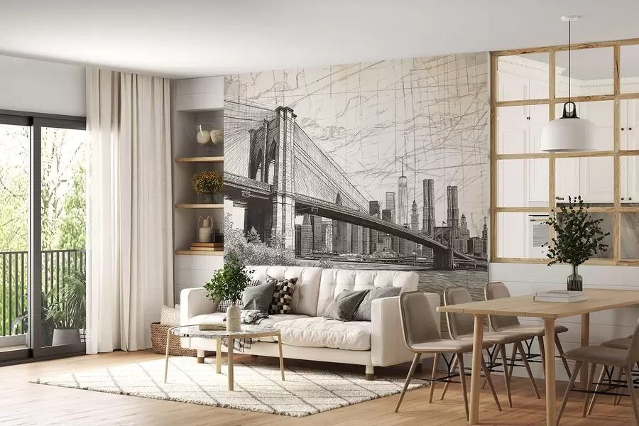 Fotobehang Panorama van de Brooklyn Bridge gemaakt in een schetsmatige retrotechniek met lijnen en krassen w01961