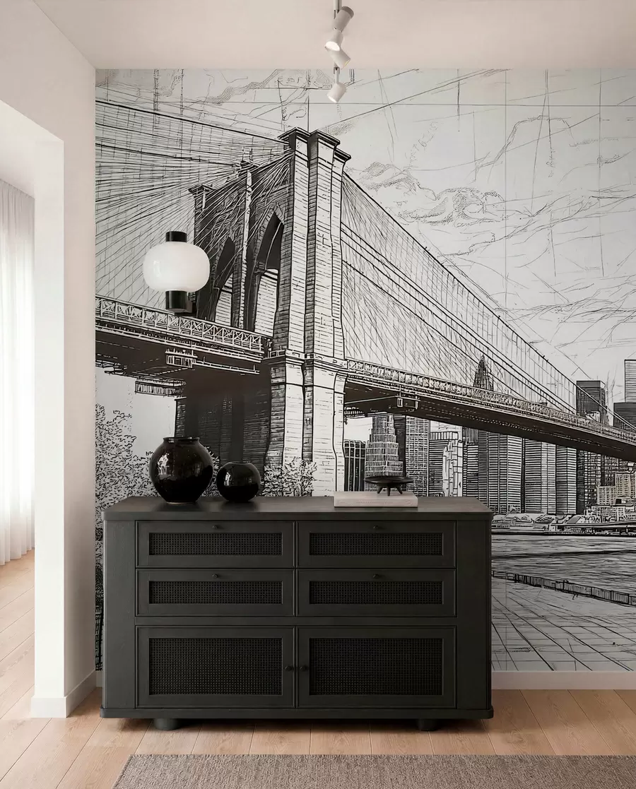 Fotobehang Panorama van de Brooklyn Bridge gemaakt in een schetsmatige retrotechniek met lijnen en krassen w01961