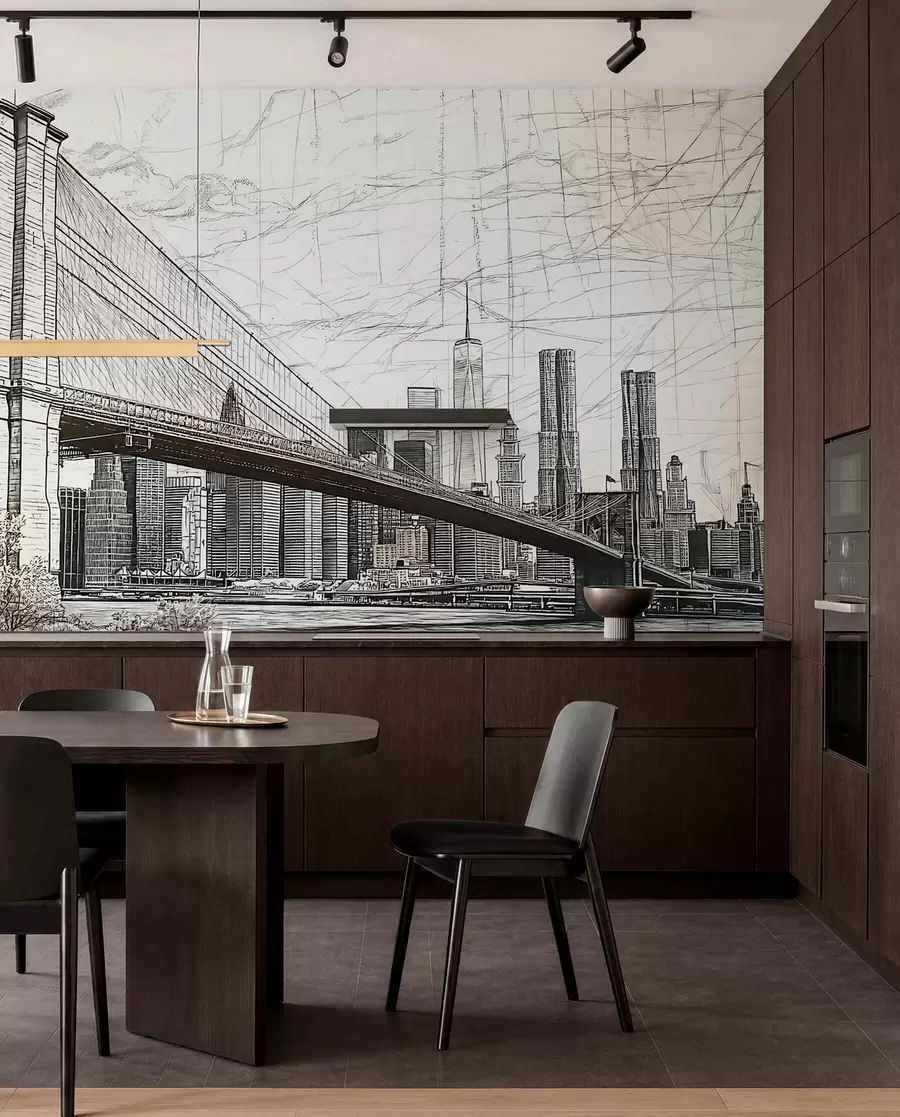 Fotobehang Panorama van de Brooklyn Bridge gemaakt in een schetsmatige retrotechniek met lijnen en krassen w01961