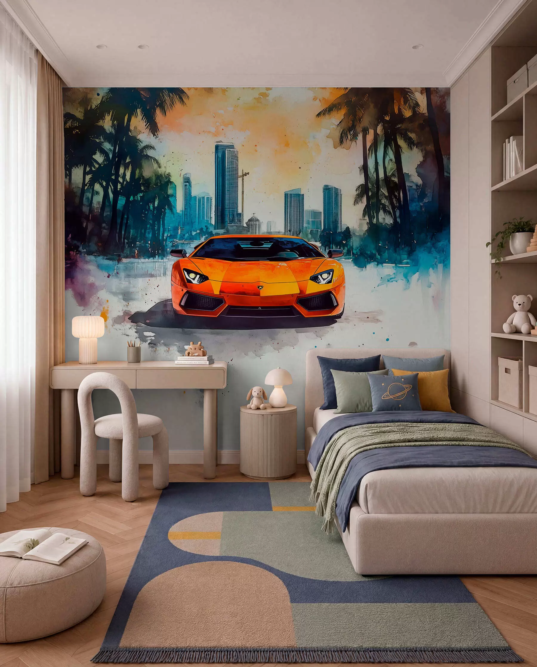 Fotobehang Geschilderde oranje sportauto w01964