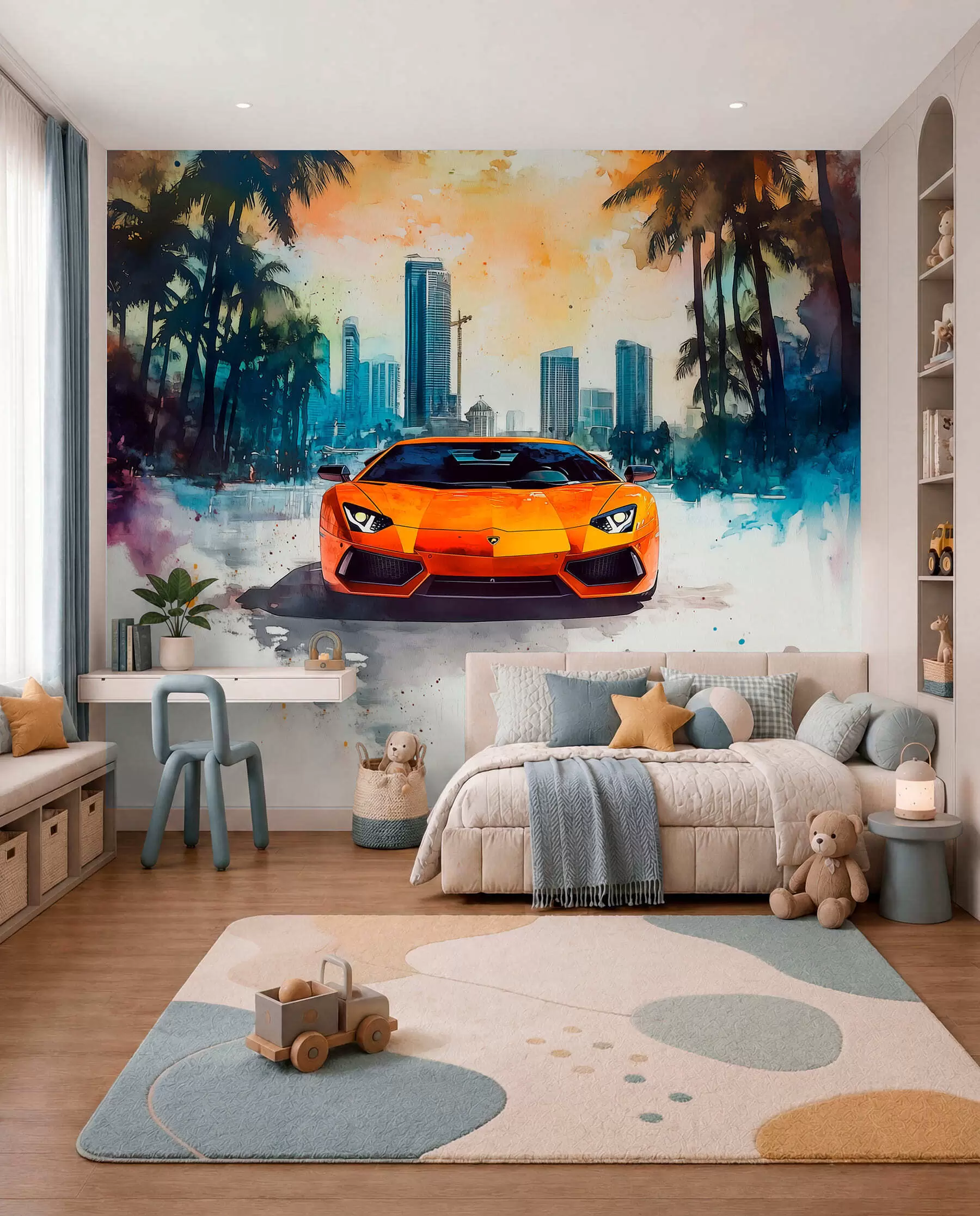 Fotobehang Geschilderde oranje sportauto w01964