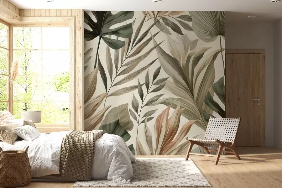 Fotobehang Grote tropische bladeren in ingetogen delicate pasteltinten w02082