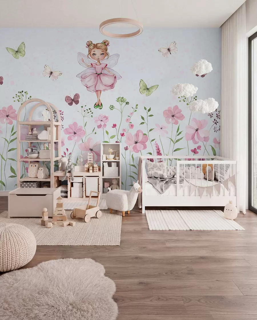 Fotobehang Een fee tussen bloemen en vlinders w01460