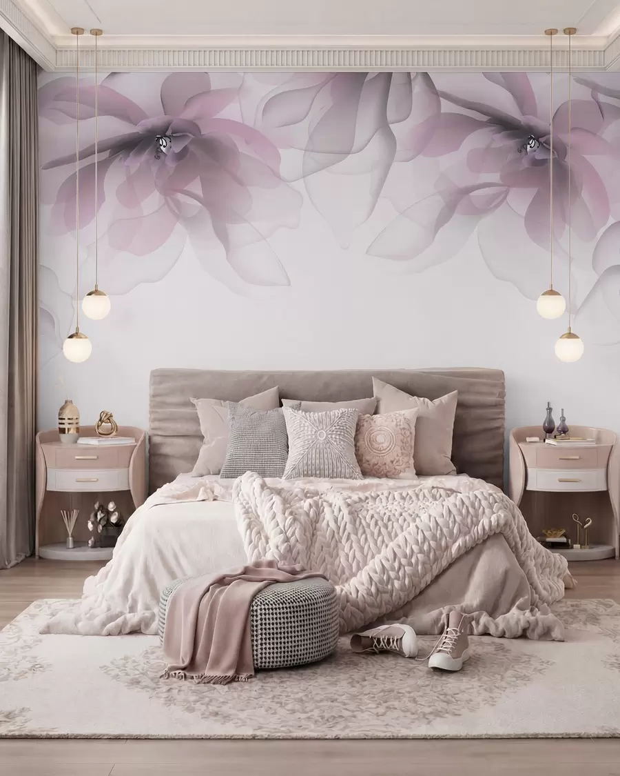 Fotobehang roze doorschijnende grote bloemen bovenop w02093