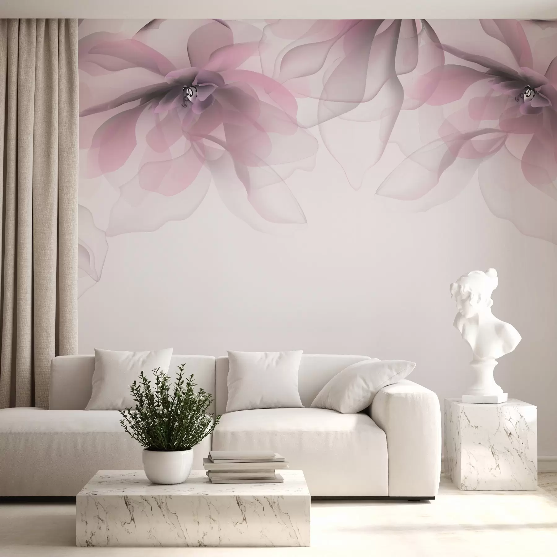 Fotobehang roze doorschijnende grote bloemen bovenop w02093