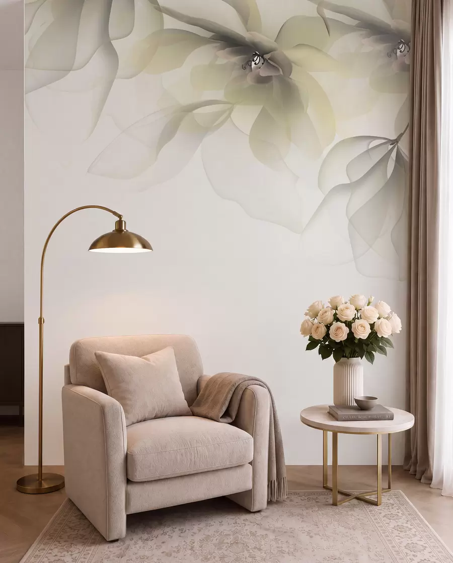 Fotobehang gele doorschijnende grote bloemen op de top w02093v1