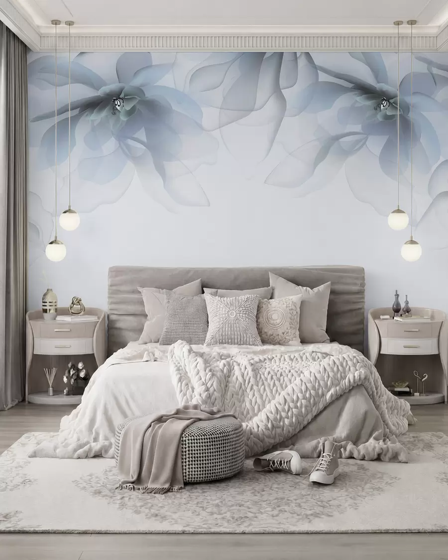 Fotobehang blauwe doorschijnende grote bloemen bovenop w02093v2