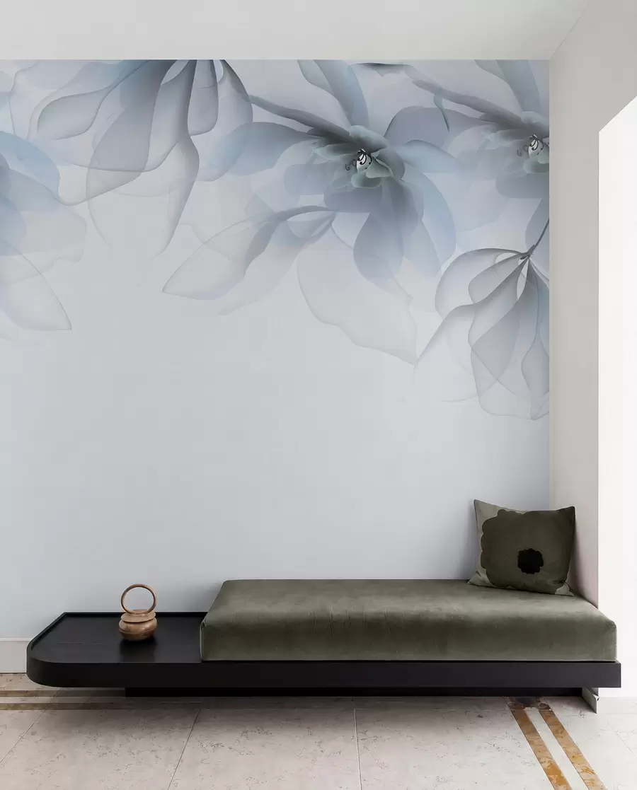Fotobehang blauwe doorschijnende grote bloemen bovenop w02093v2