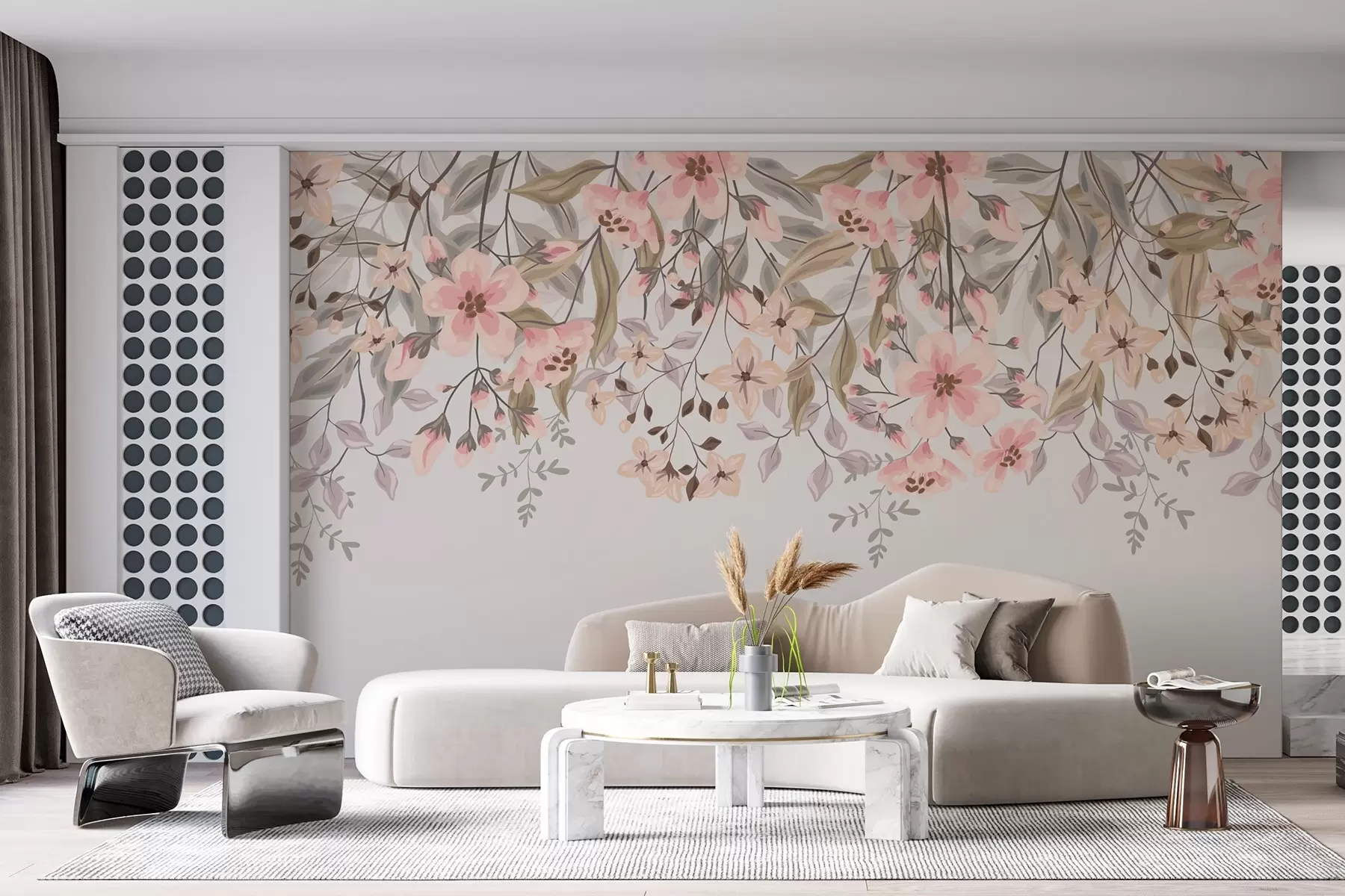 Fotobehang bloemen en bladeren bovenop op een beige achtergrond w02096