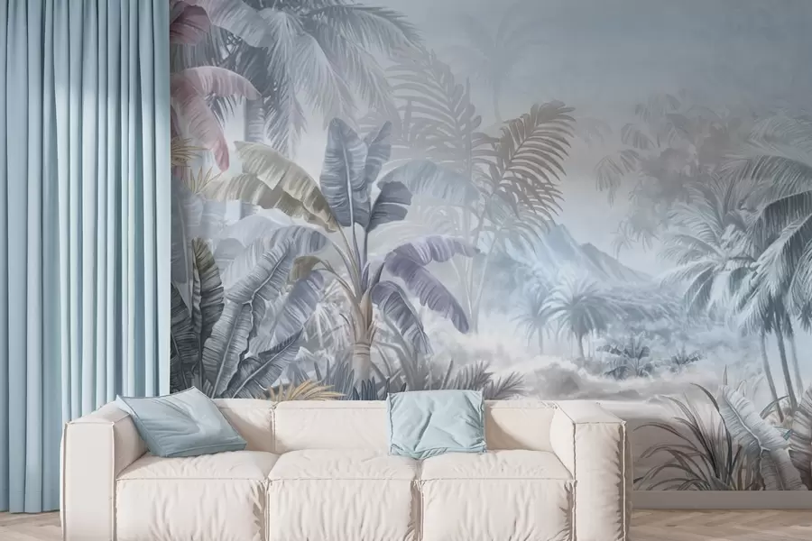 Fotobehang Tropisch bos in zachte blauwe tinten w01931