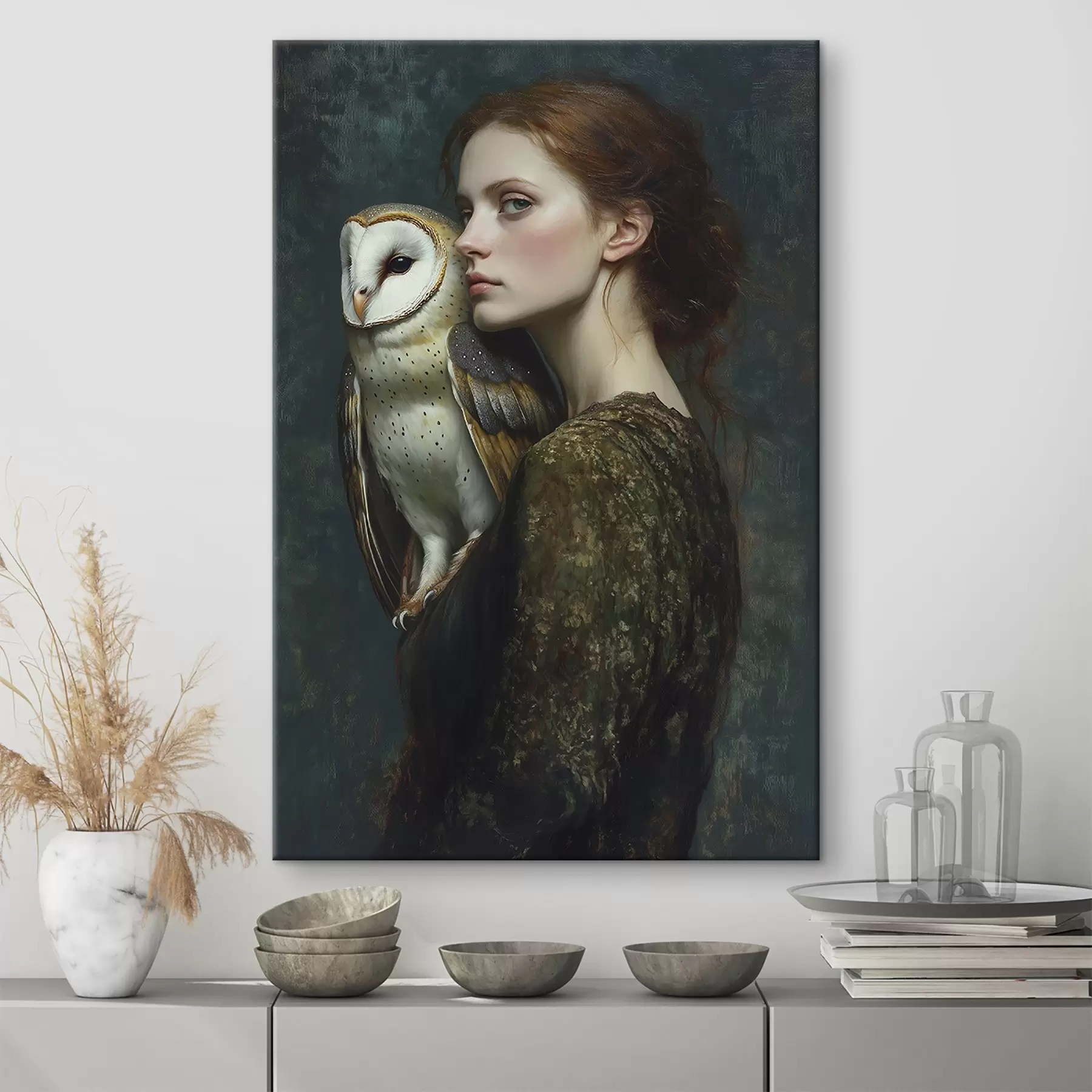  Schilderijen Vrouwenportret met uil op de schouder, penseelstreken, acryl s41447