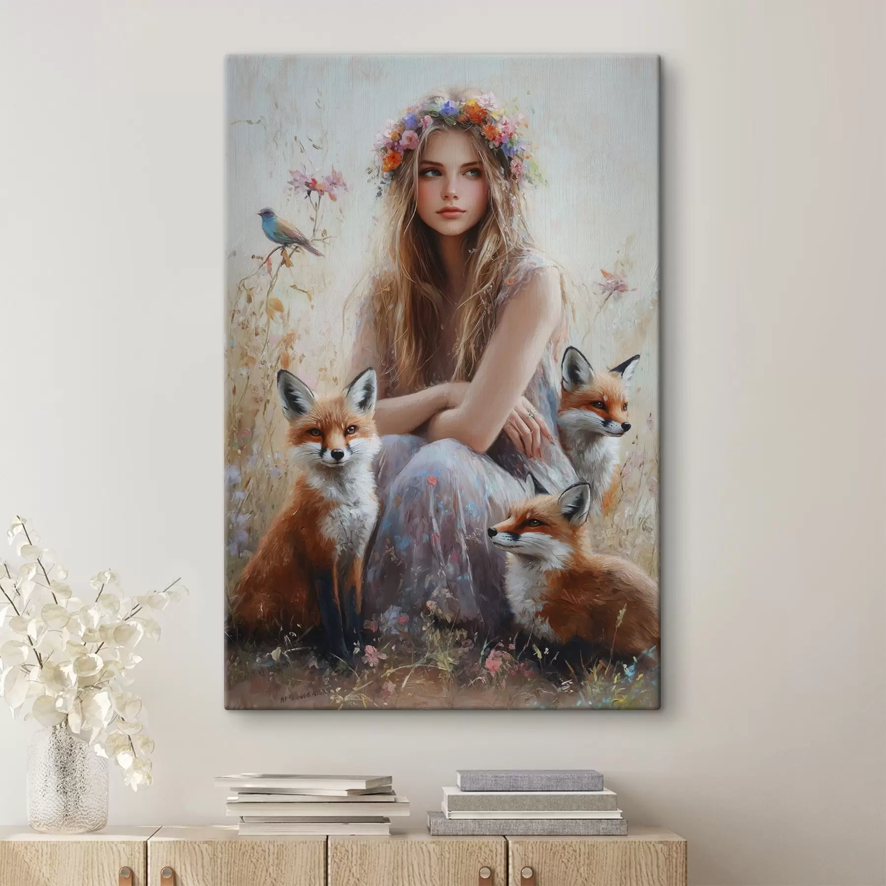  Schilderijen Meisje in de wei, wilde dieren, vossen, vogels, bloemenkrans  s41451