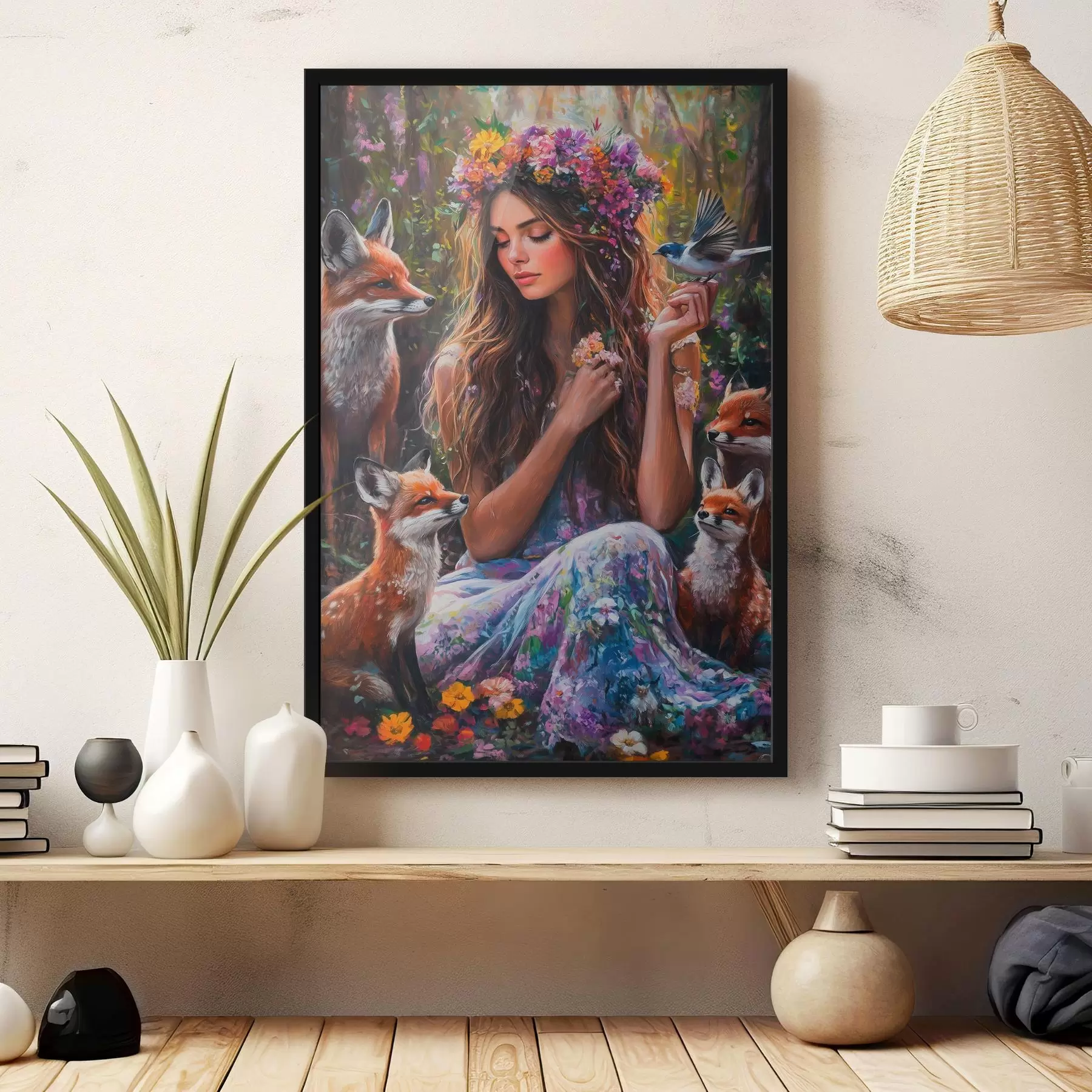 Fotobehang Mooi meisje met wilde dieren, weide, bloemen, vossen, vogels, olieverf tekening f41453