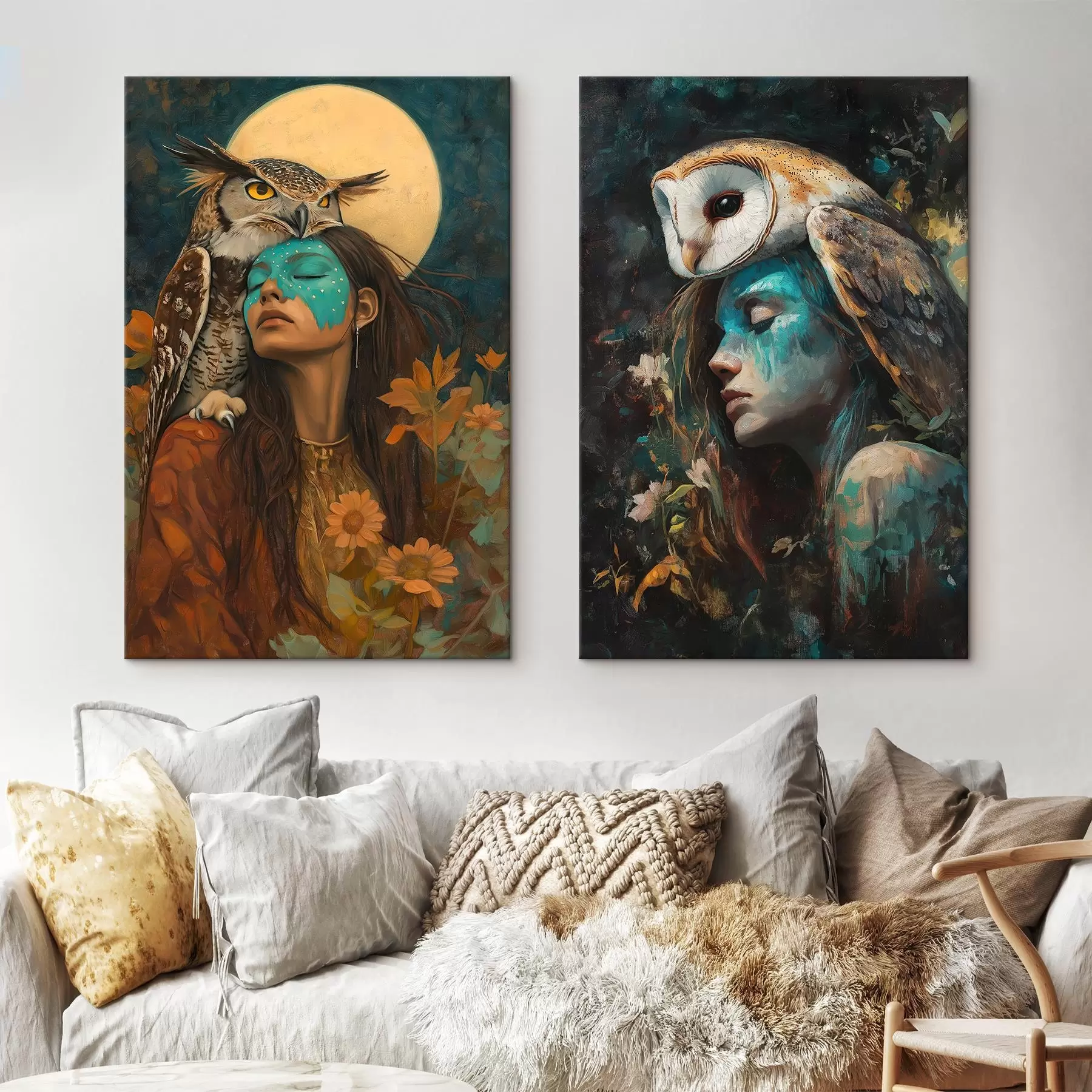  Schilderijen Vrouw met uil, tribale stijl, maanlicht, wilde bloemen, olieverf tekening m00377