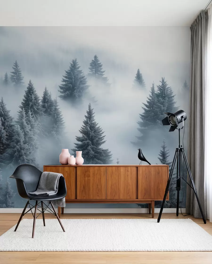 Fotobehang Naaldbomen in blauwe mist w02064