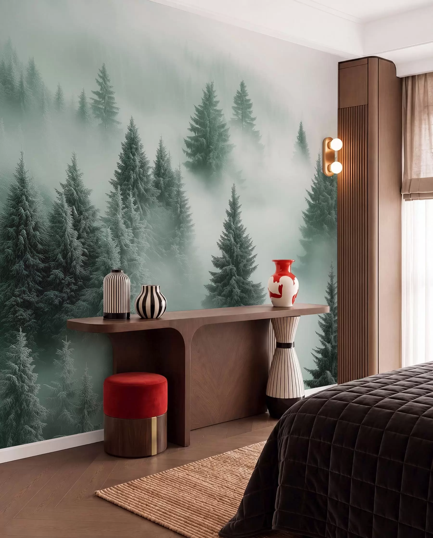 Fotobehang Dikke mist omhult een besneeuwd ochtendbos in groentinten w02064v1