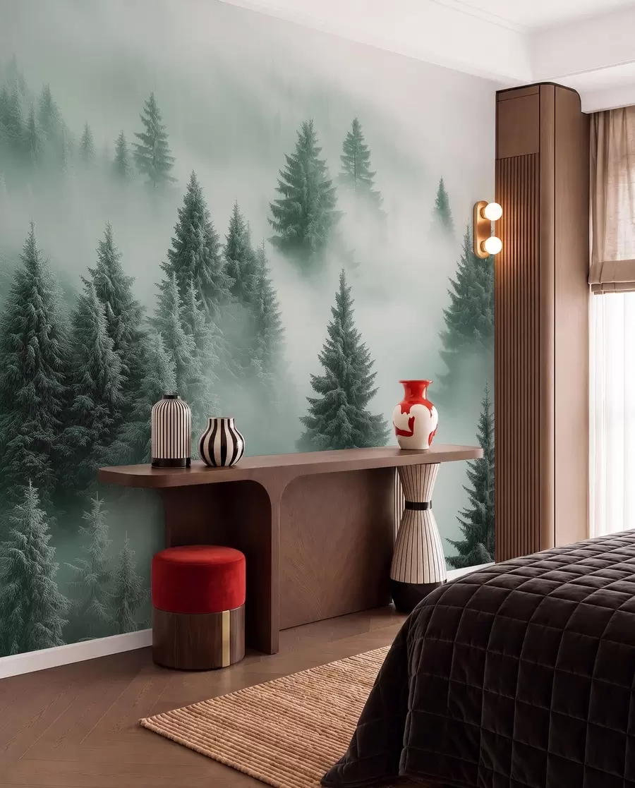 Fotobehang Dikke mist omhult een besneeuwd ochtendbos in groentinten w02064v1
