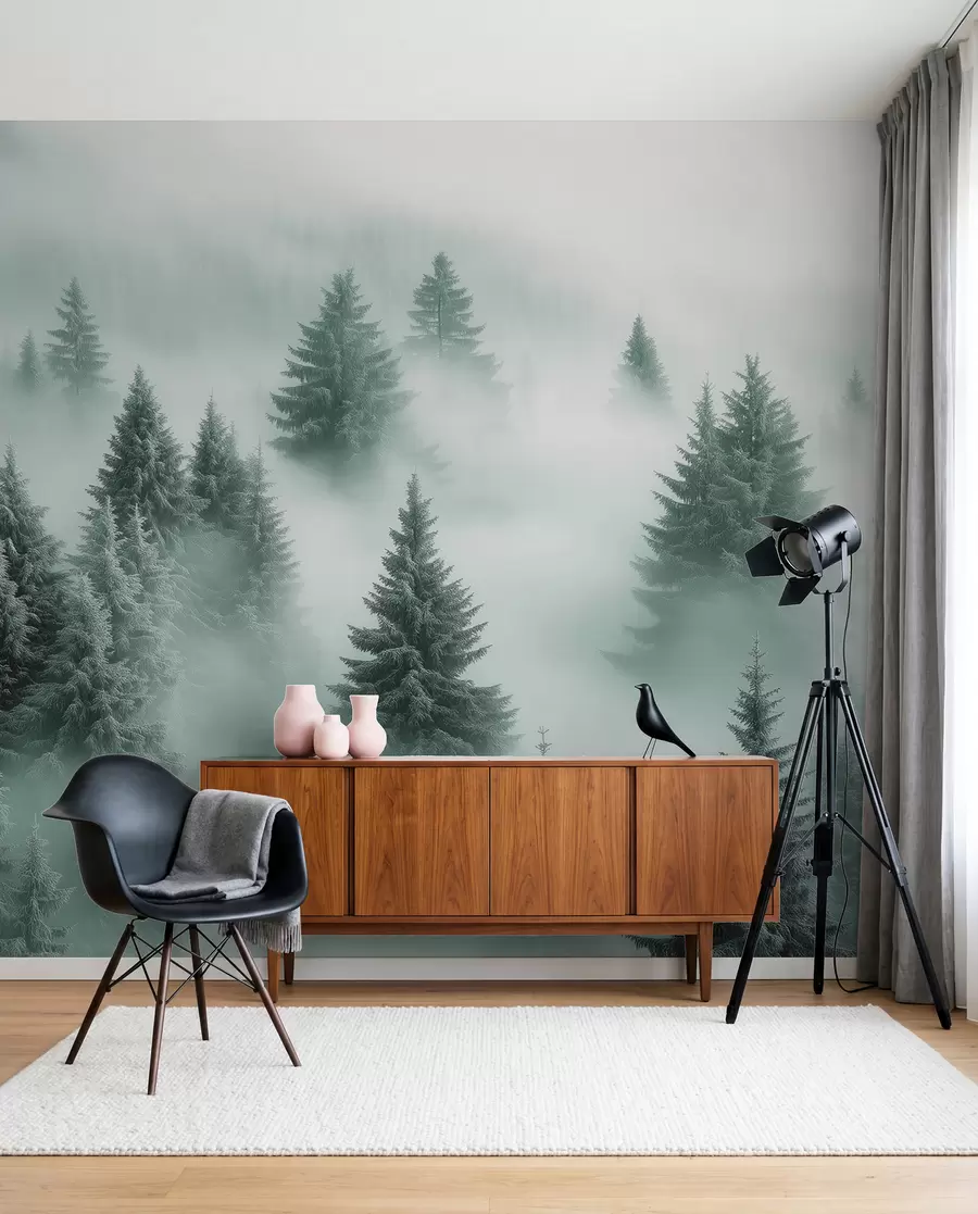 Fotobehang Naaldbomen in groene nevel w02064v1