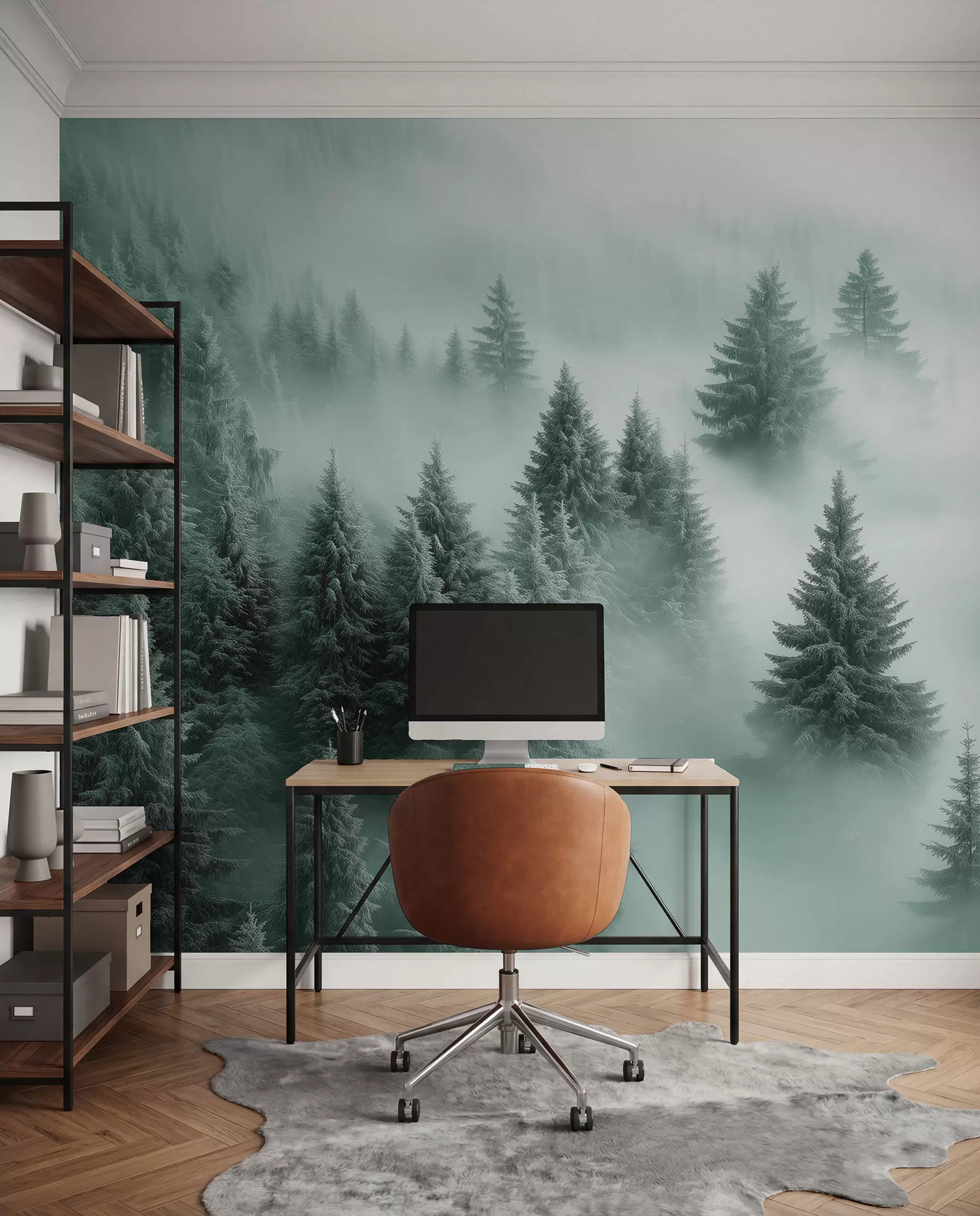 Fotobehang Dikke mist omhult een besneeuwd ochtendbos in groentinten w02064v1