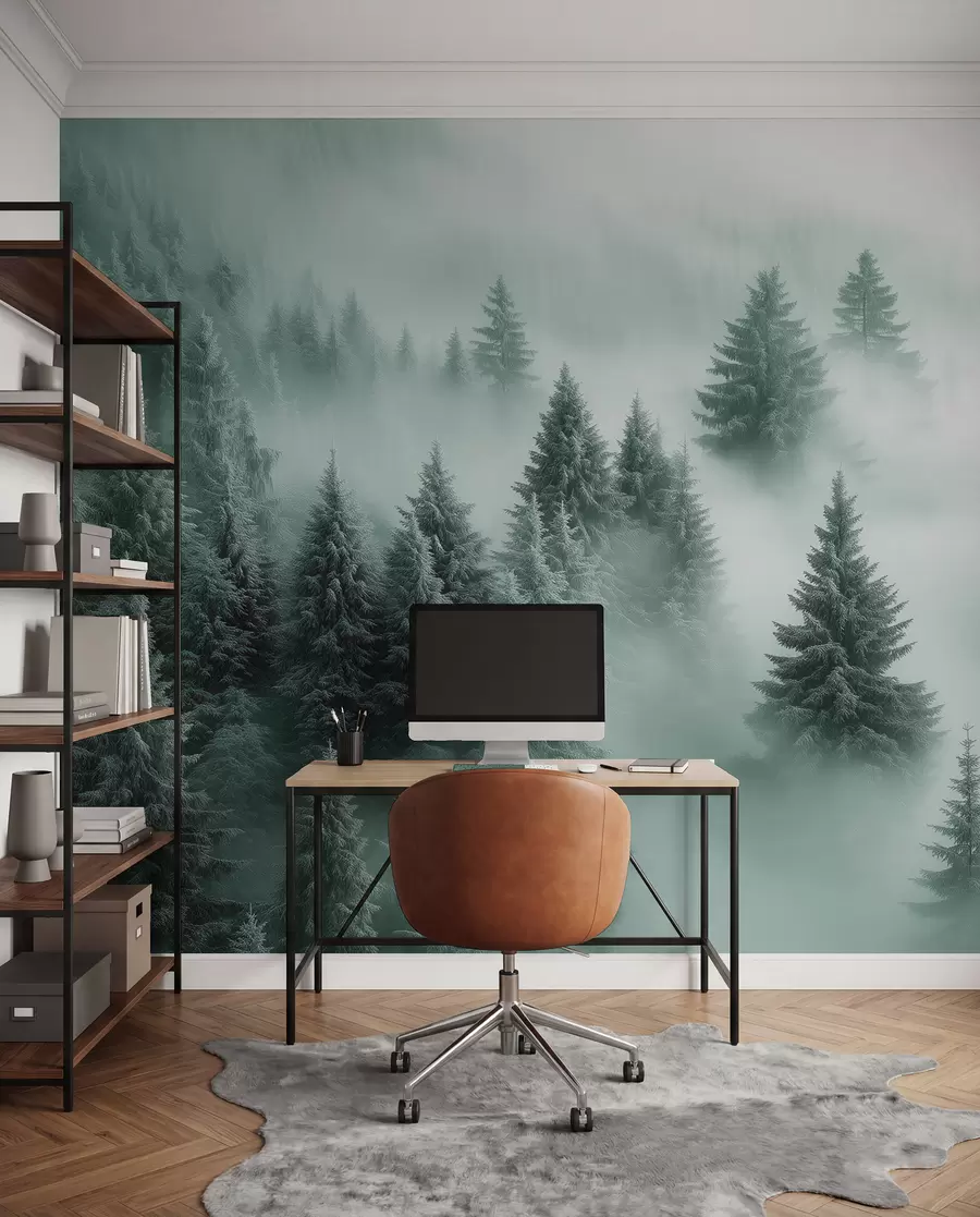 Fotobehang Dikke mist omhult een besneeuwd ochtendbos in groentinten w02064v1