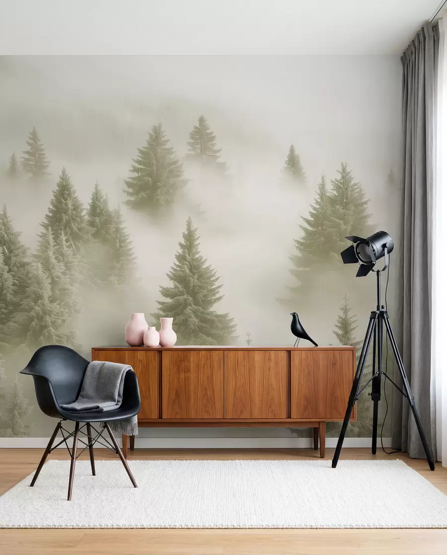 Fotobehang Naaldbomen in olijfgroene mist w02064v2