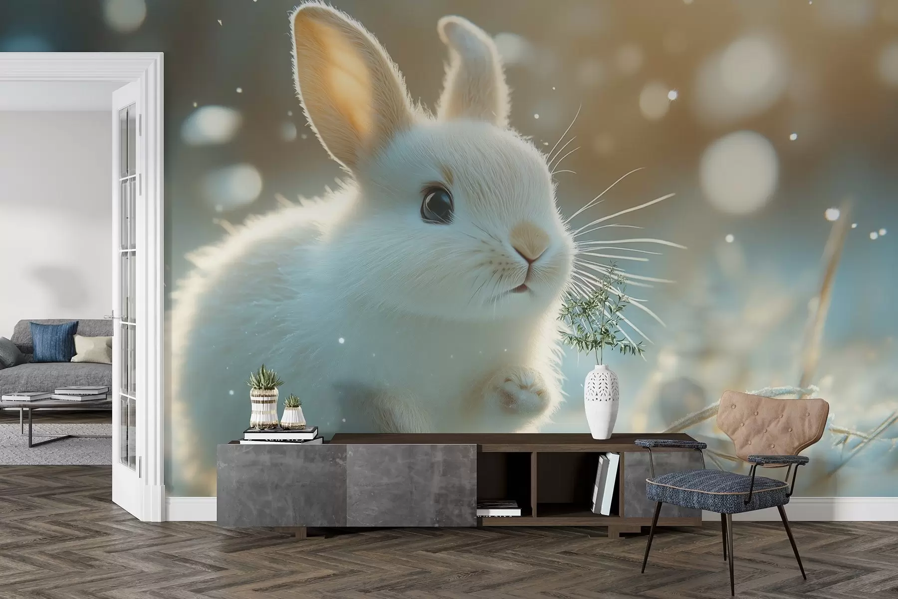 Fotobehang Een schattig wit konijn rent door de ochtend sneeuw w02066