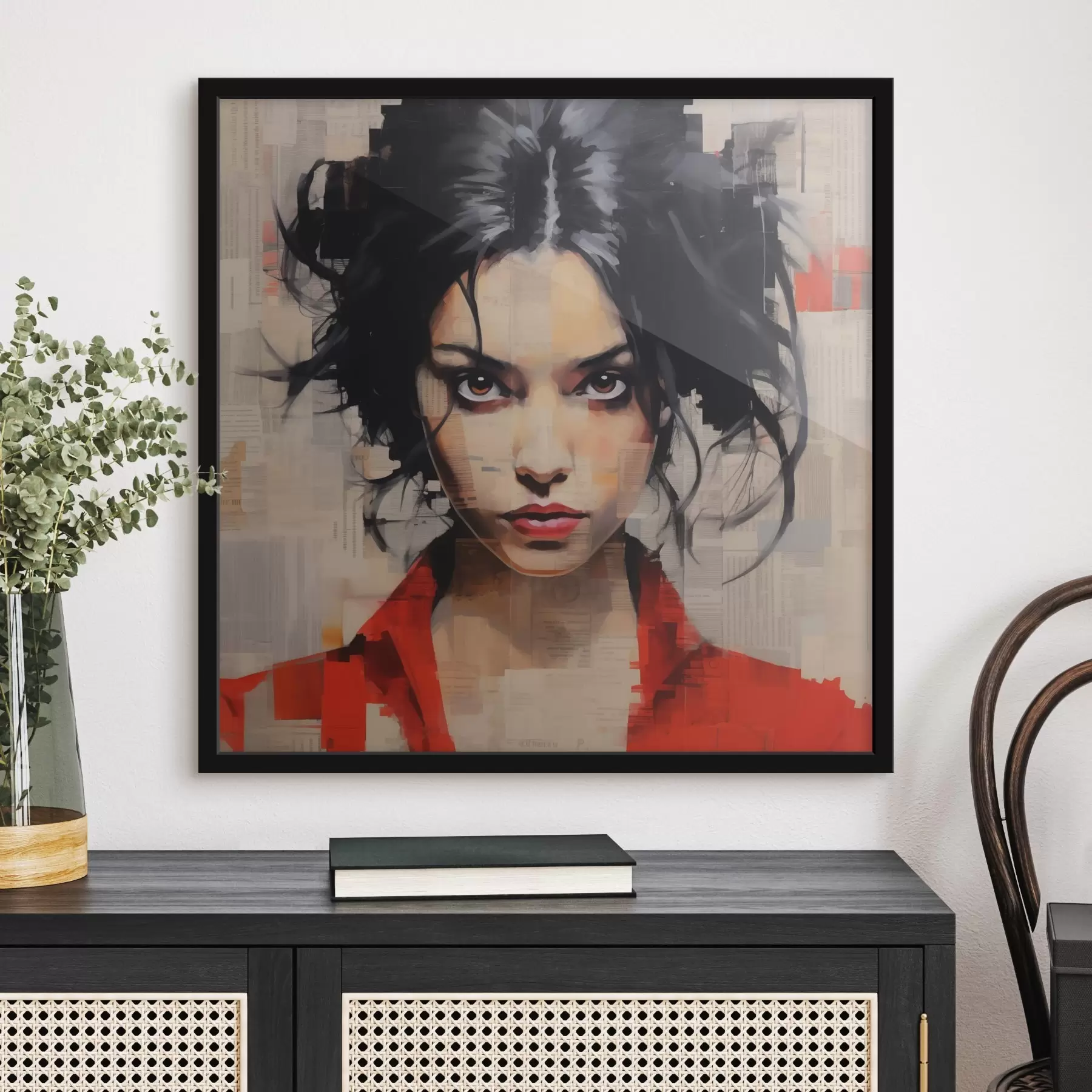  Schilderijen Portret van een vrouw in collagestijl met krantenachtergrond f41481