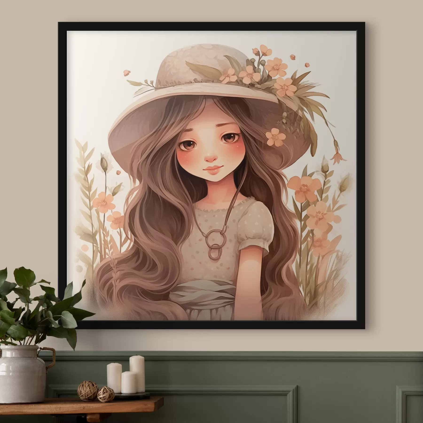 Fotobehang Meisje met hoed en bloemen f41504