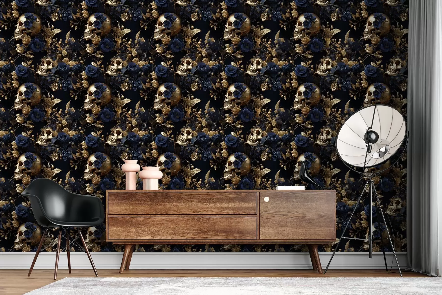 Fotobehang Behang in luxe stijl met een patroon van gele metalen schedels en donkere bloemen w02085