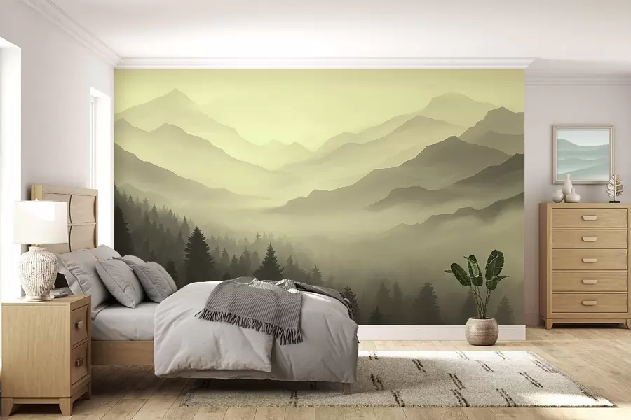 Fotobehang Bos en bergen in groene tinten w02186v1