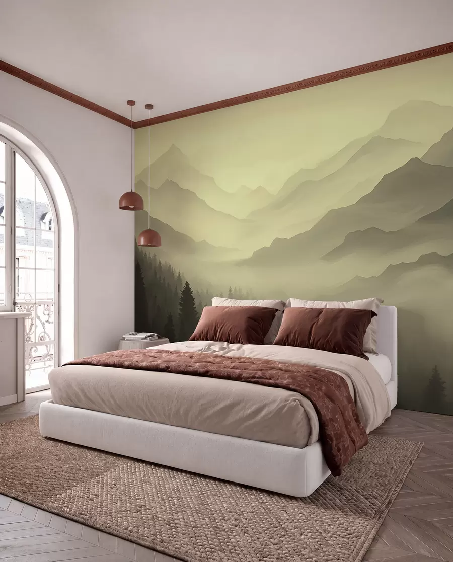 Fotobehang Bos en bergen in groene tinten w02186v1