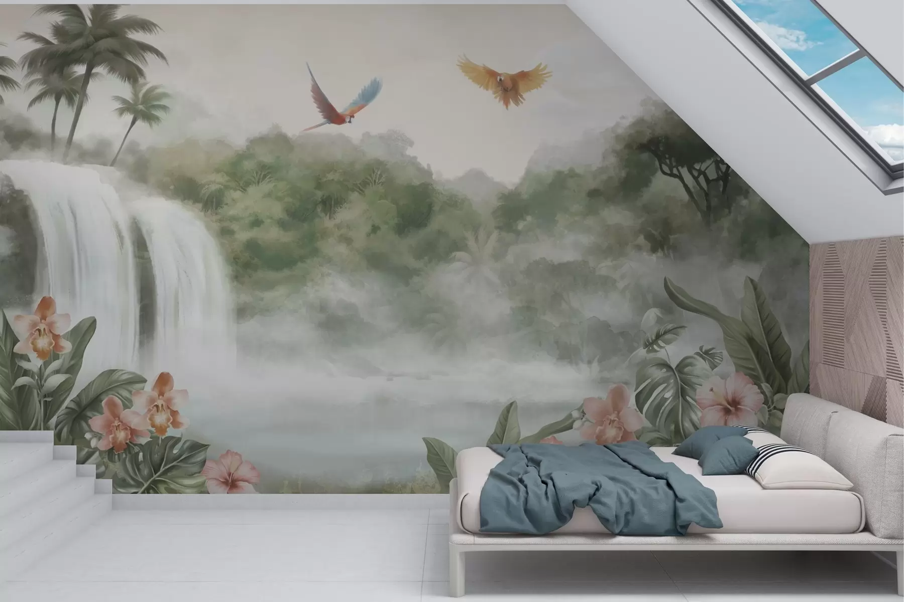Fotobehang Tropisch landschap met waterval, vijver, bloemen en vogels w02127