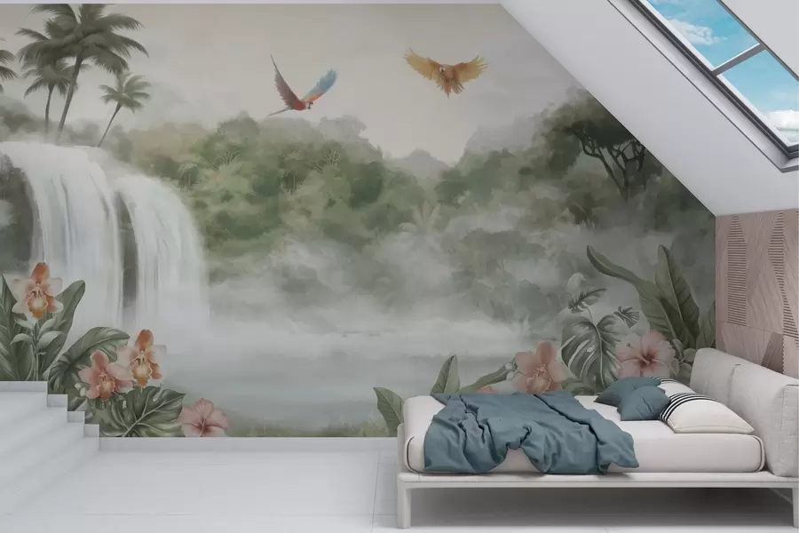 Fotobehang Tropisch landschap met waterval, vijver, bloemen en vogels w02127