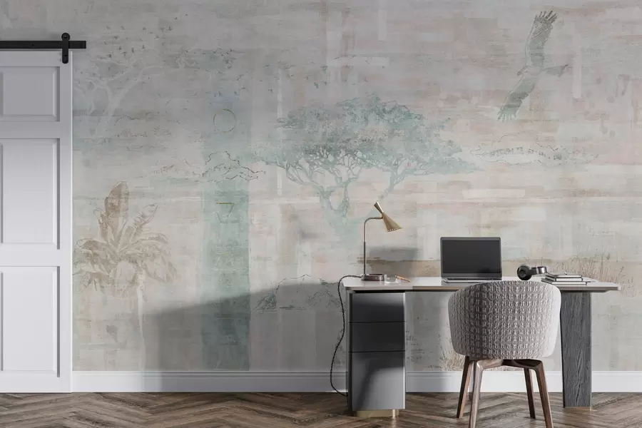 Fotobehang Vintage grunge-effect ontwerp met bomen, adelaar en geometrische elementen w02130