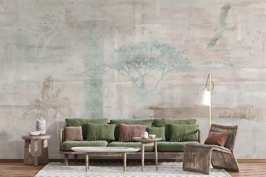 Fotobehang Vintage grunge-effect ontwerp met bomen, adelaar en geometrische elementen w02130