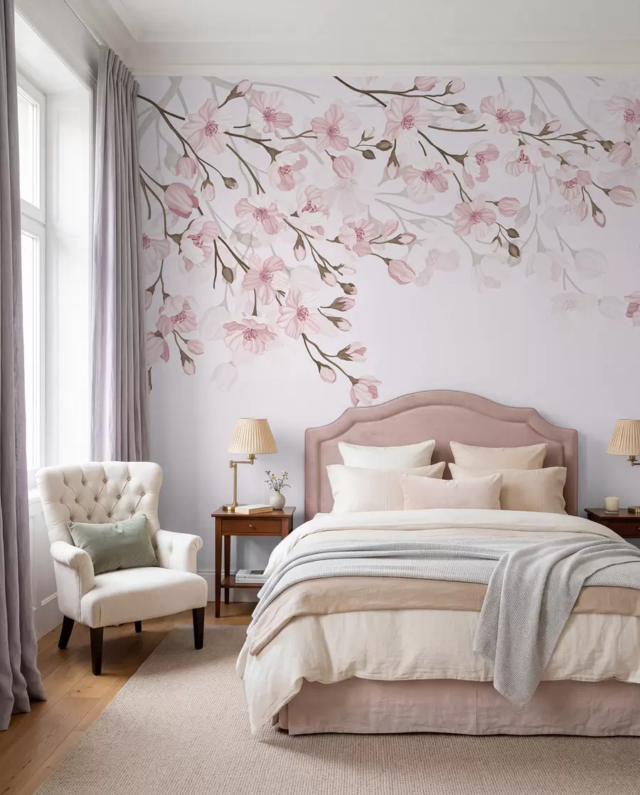 Fotobehang roze bloeiende takken op roze achtergrond w02200