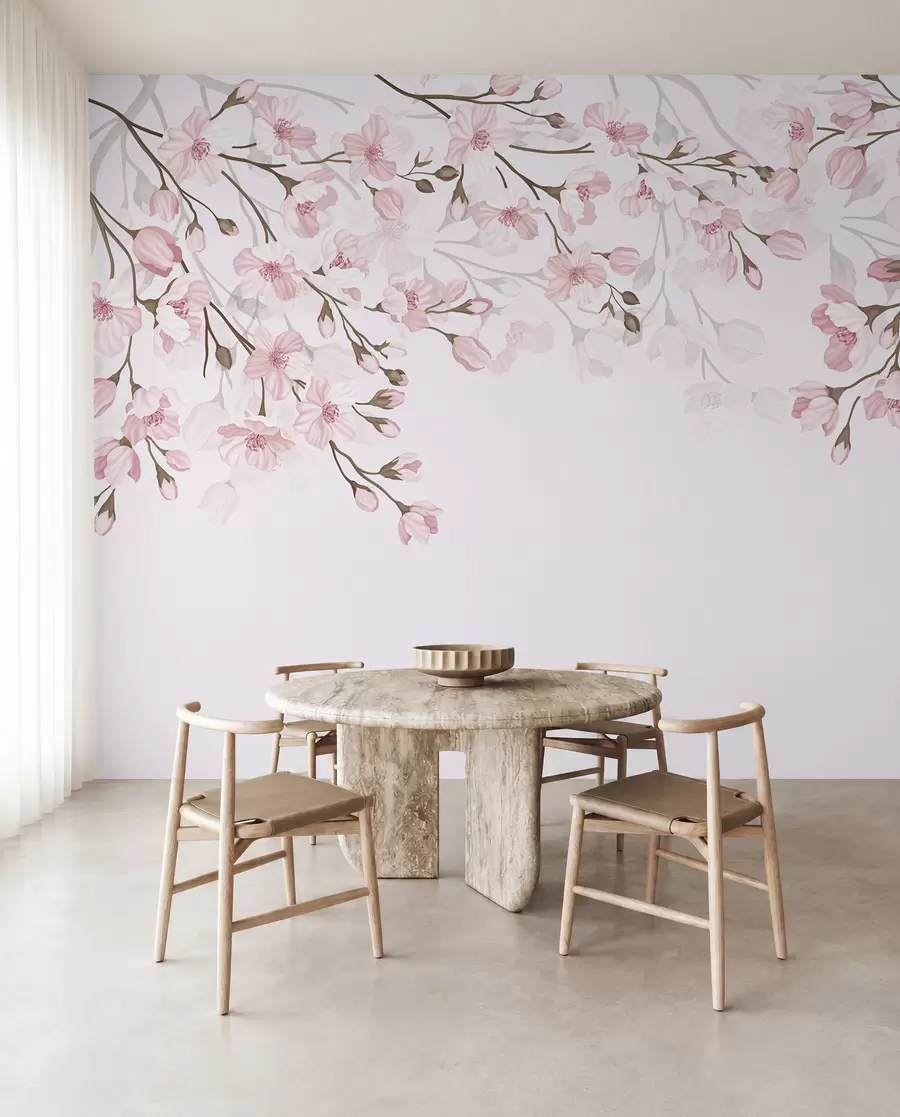 Fotobehang roze bloeiende takken op roze achtergrond w02200
