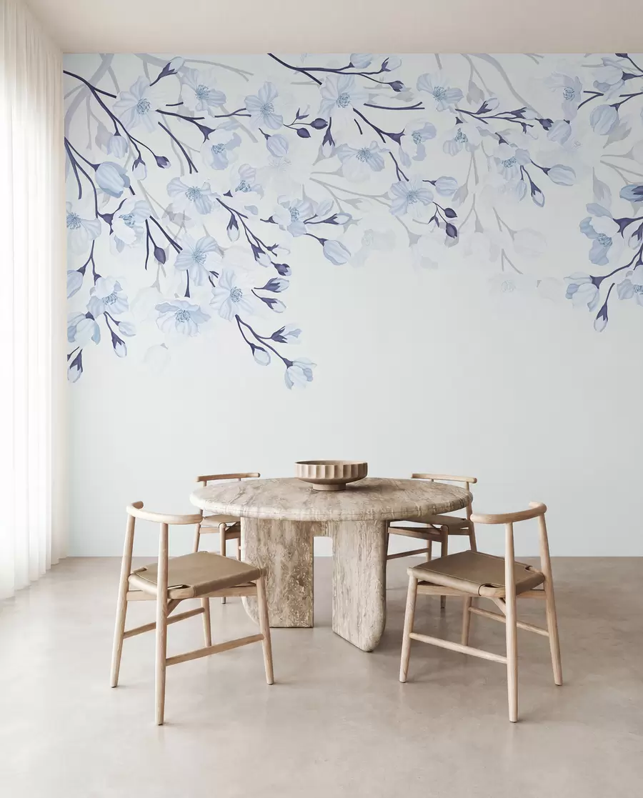 Fotobehang blauwe bloeiende takken op een blauwe achtergrond w02200v1
