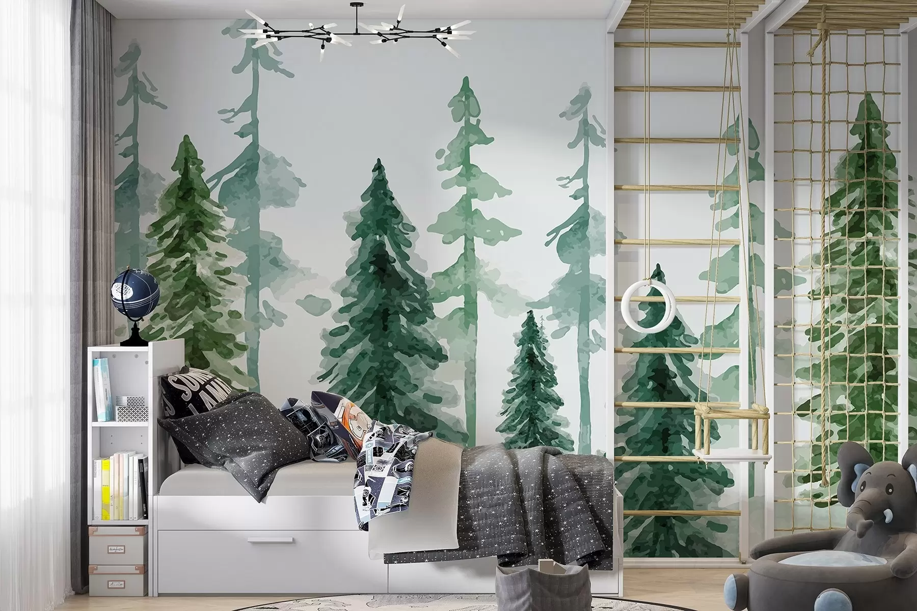 Fotobehang Weelderig bos geschilderd in levendig groen w00561