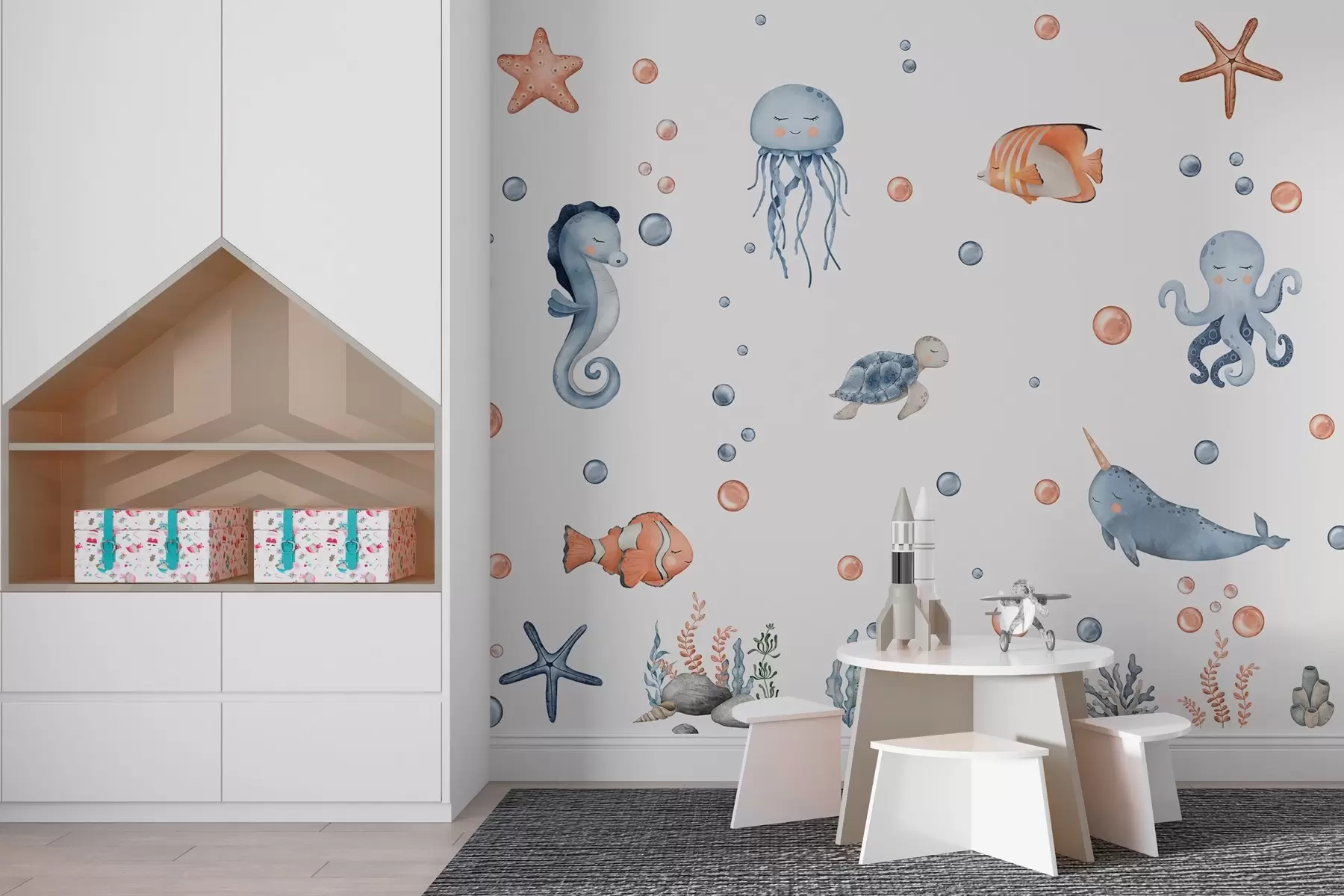 Fotobehang Speelse zeedieren onder bubbels w00857