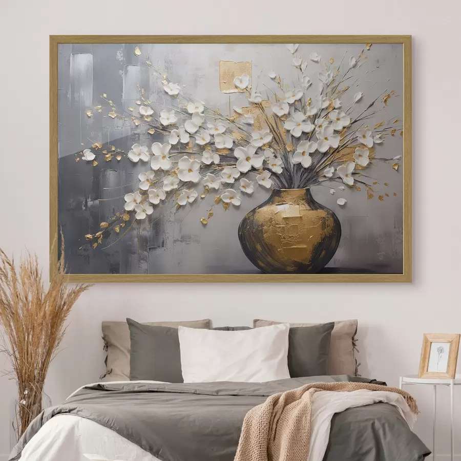Fotobehang Volumetrische kleine lichte bloemen in een vaas, imitatie olieverfschilderij f41558