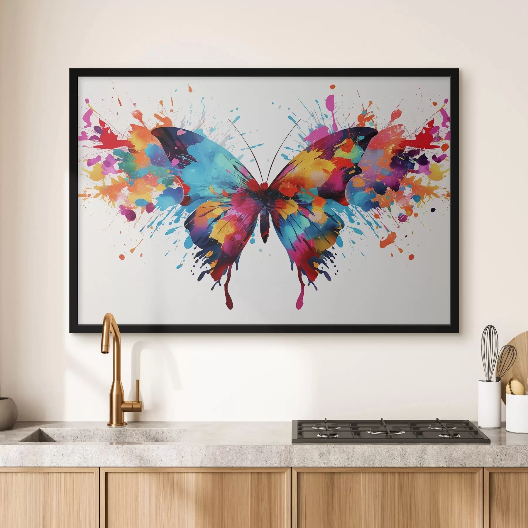 Fotobehang Aquarel vlinder op een achtergrond van veelkleurige verfspatten f41560